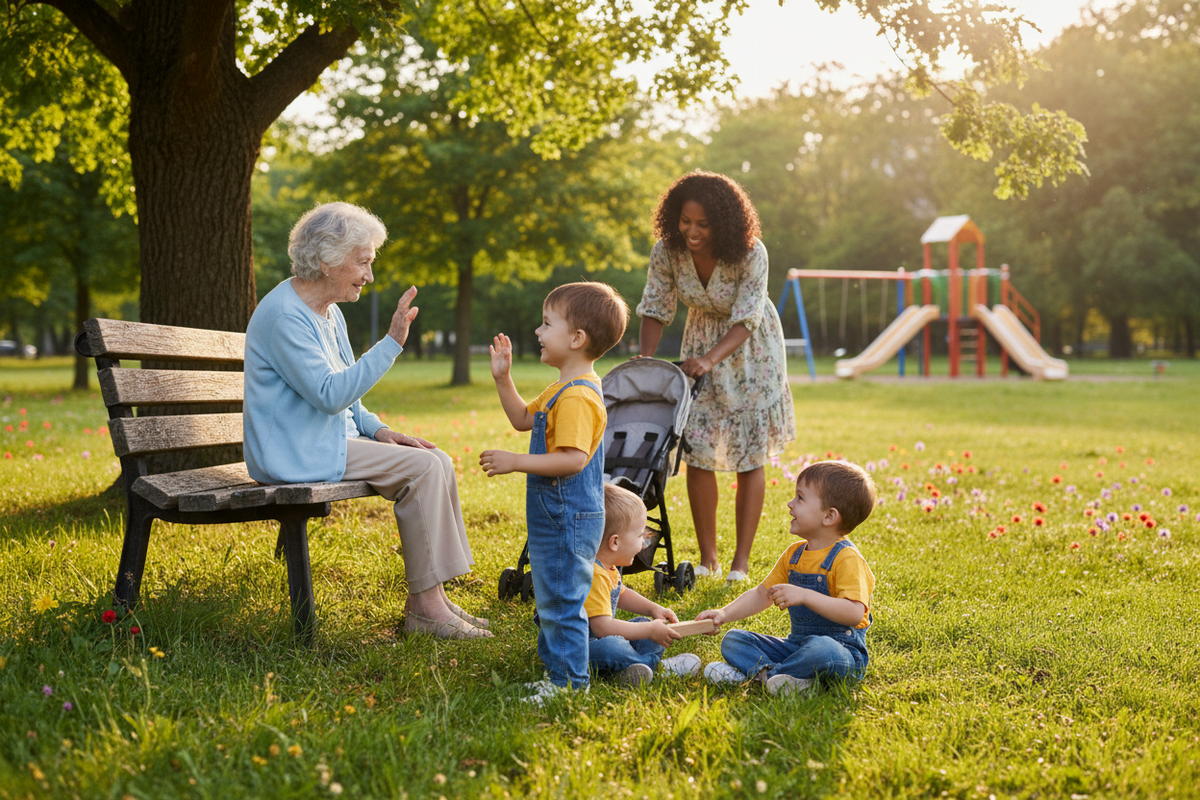 Child being kind to people in the park