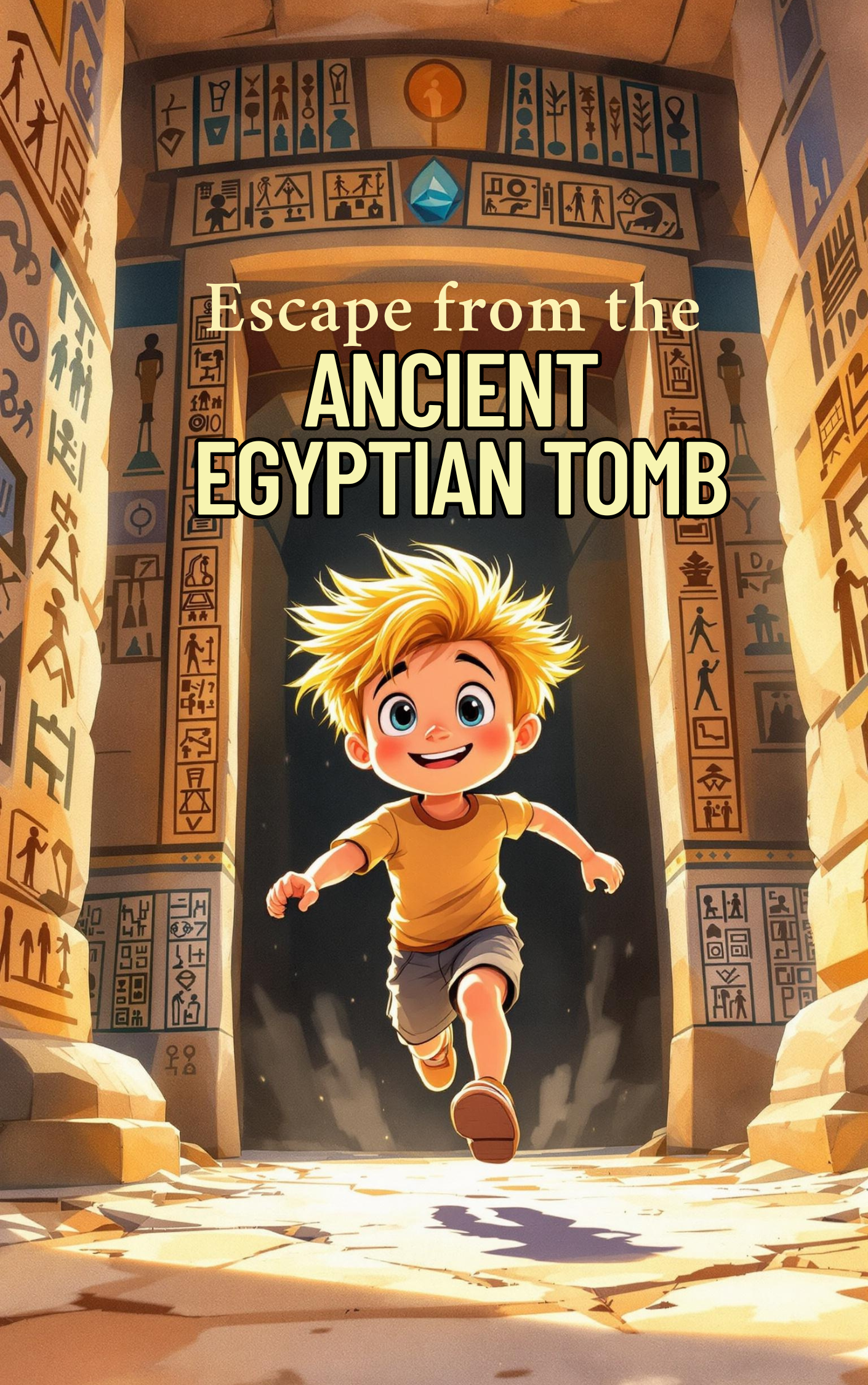 Little boy exploring an ancient Egyptian tomb on an adventure in a Put Me In The Story Canada personalized book.