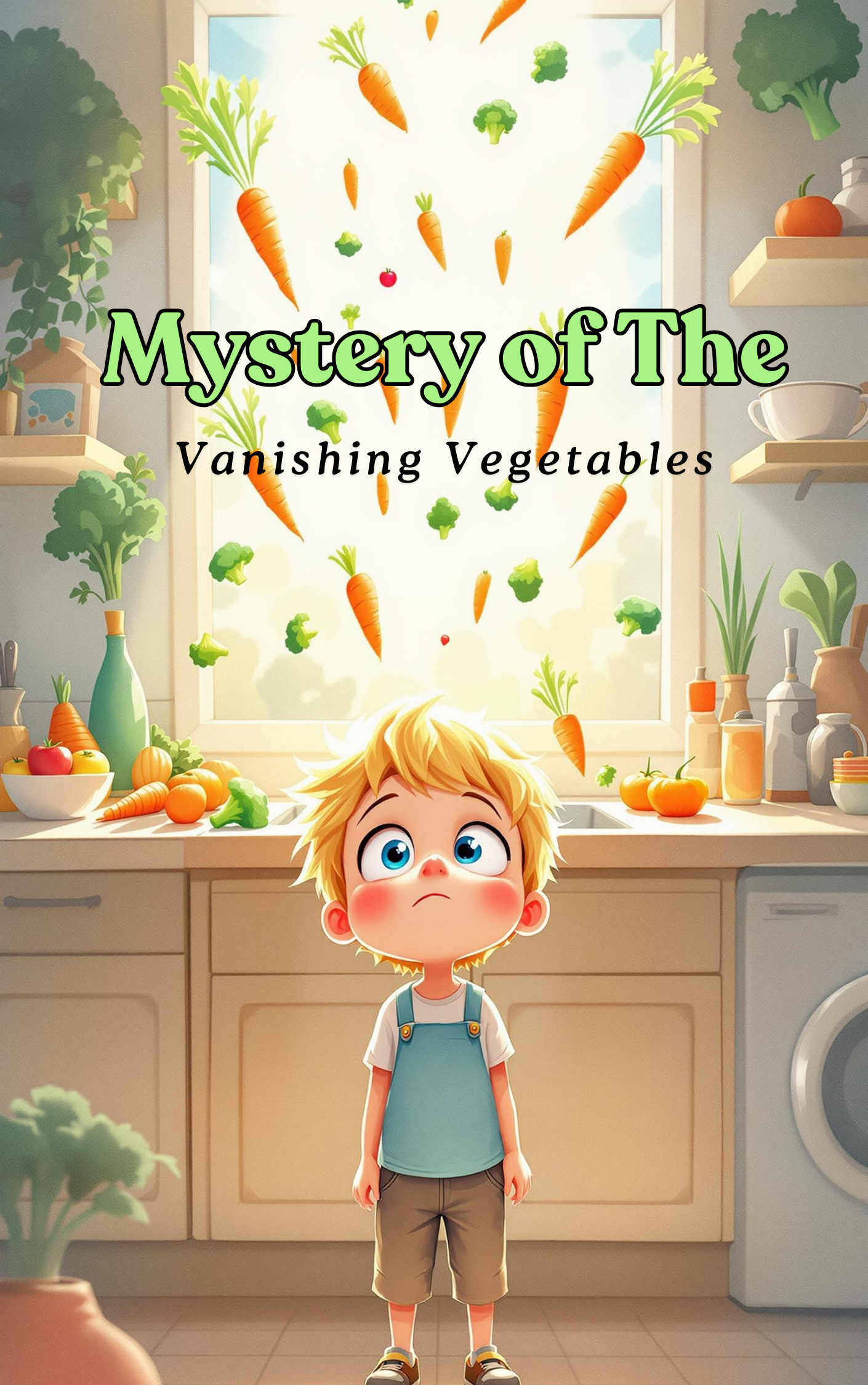 Little boy solving the mystery of the vanishing vegetables in a Put Me In The Story Canada personalized book.