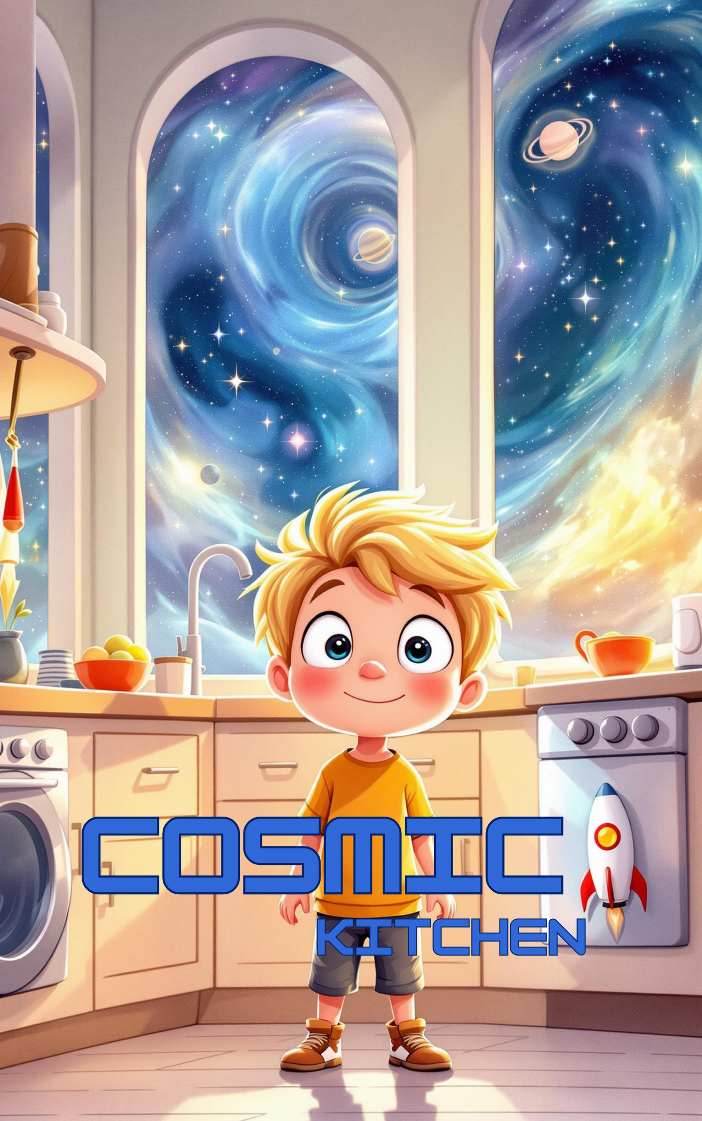 Little boy cooking up cosmic wonders in his Put Me In The Story Canada personalized Cosmic Kitchen adventure.
