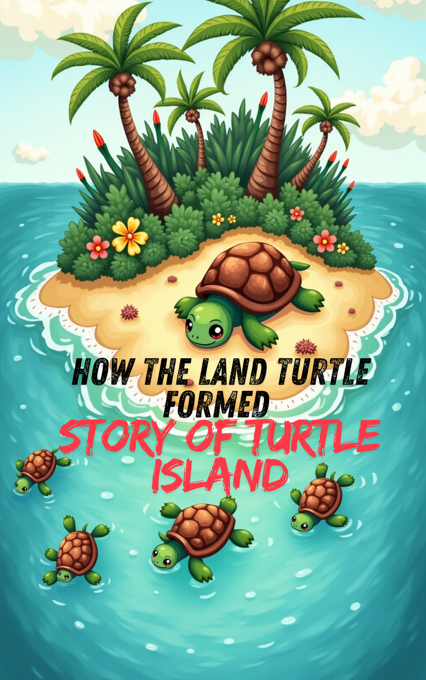 Child’s storybook illustration of Turtle Land filled with friendly turtles