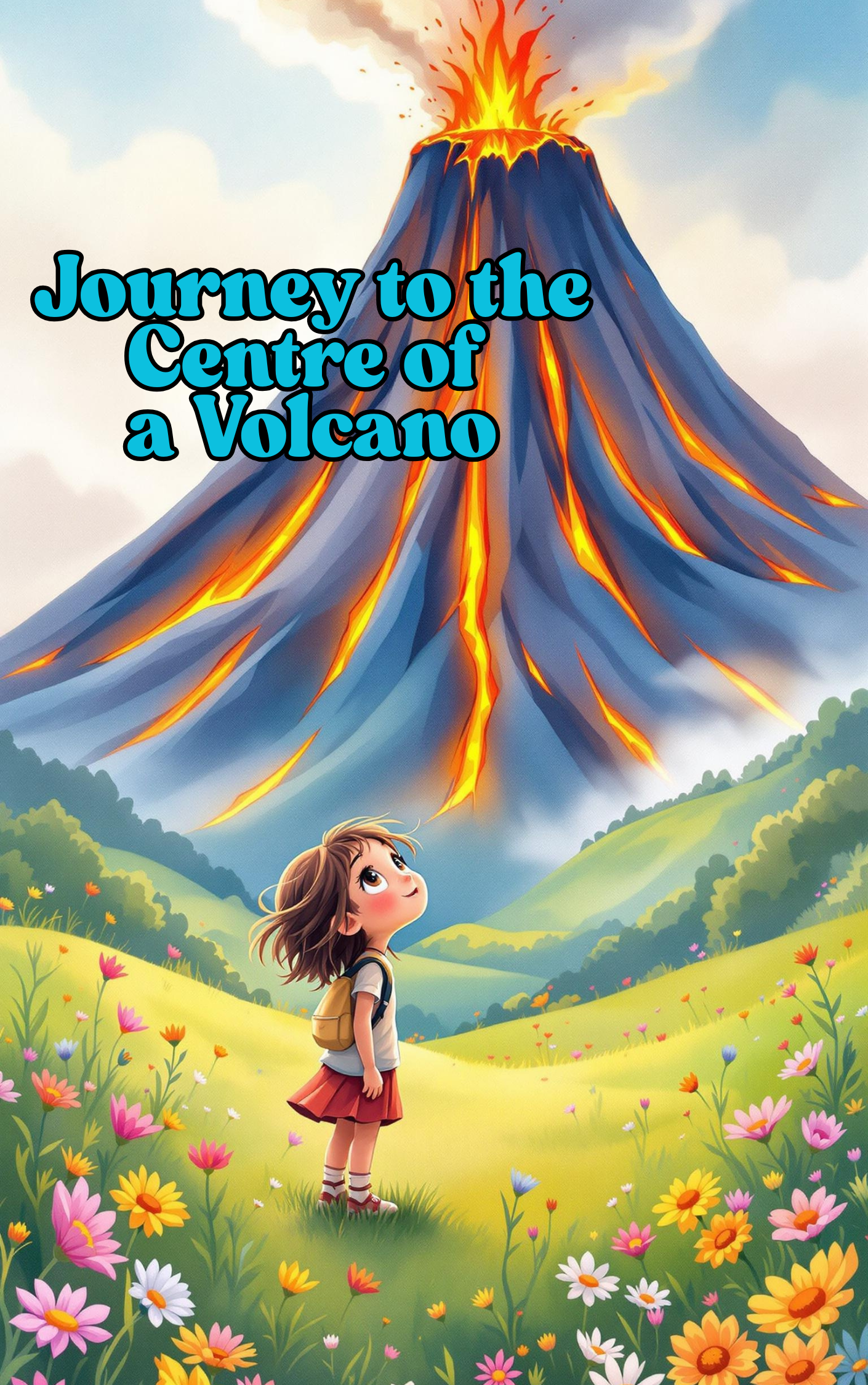 Little girl bravely on her journey to the center of a glowing volcano, filled with wonder and excitement.