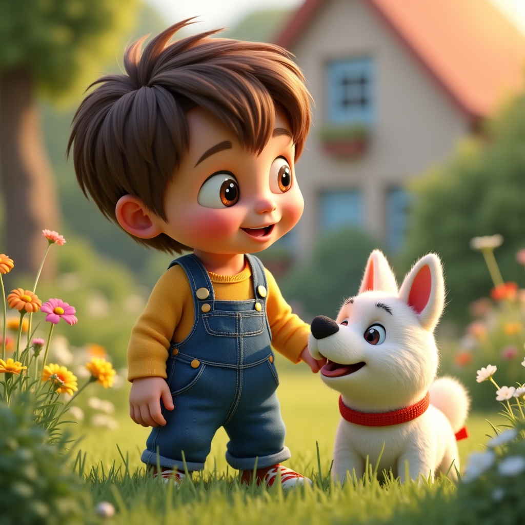 Smiling boy and dog ready for their personalized bedtime story adventure from Put Me In The Story Canada.