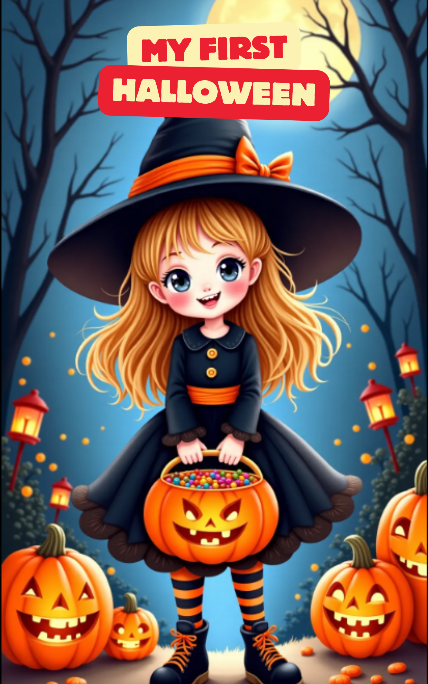 Little girl excitedly celebrating her first Halloween in a Put Me In The Story Canada personalized book.