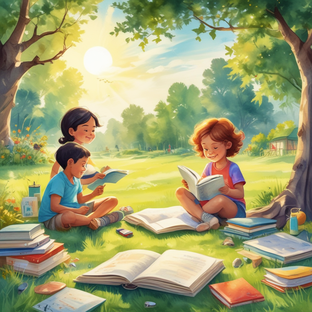 Children reading books in the park
