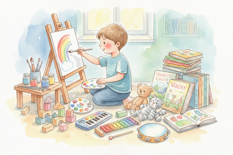 Child surrounded by art, toys and books