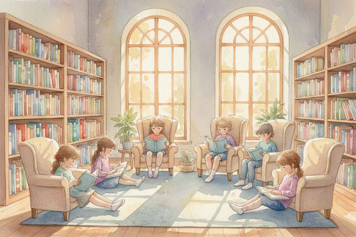 Children reading books inside library