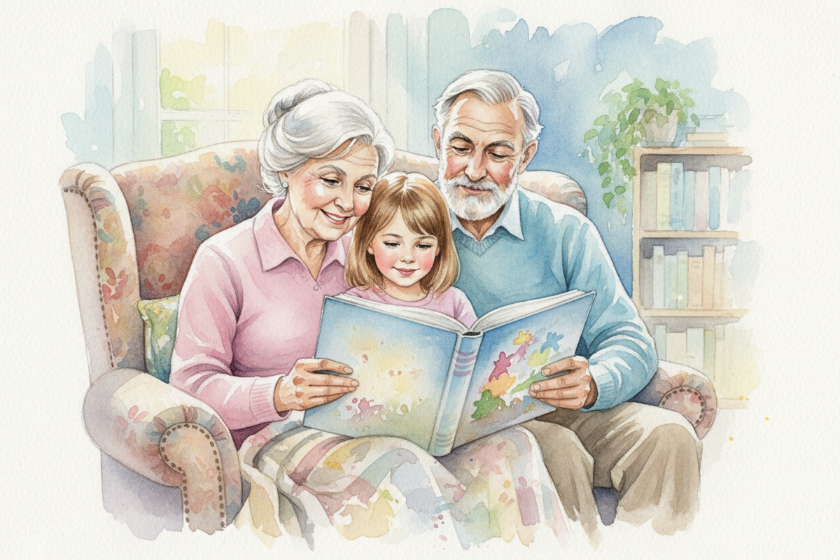 grandparents reading a book to their grand child