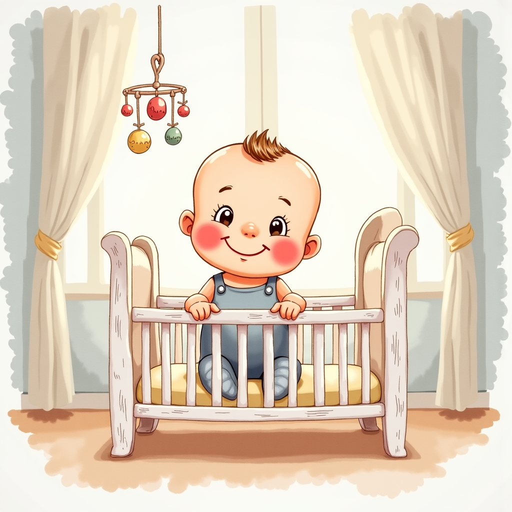 Smiling newborn waiting in crib for story time with personalized book.