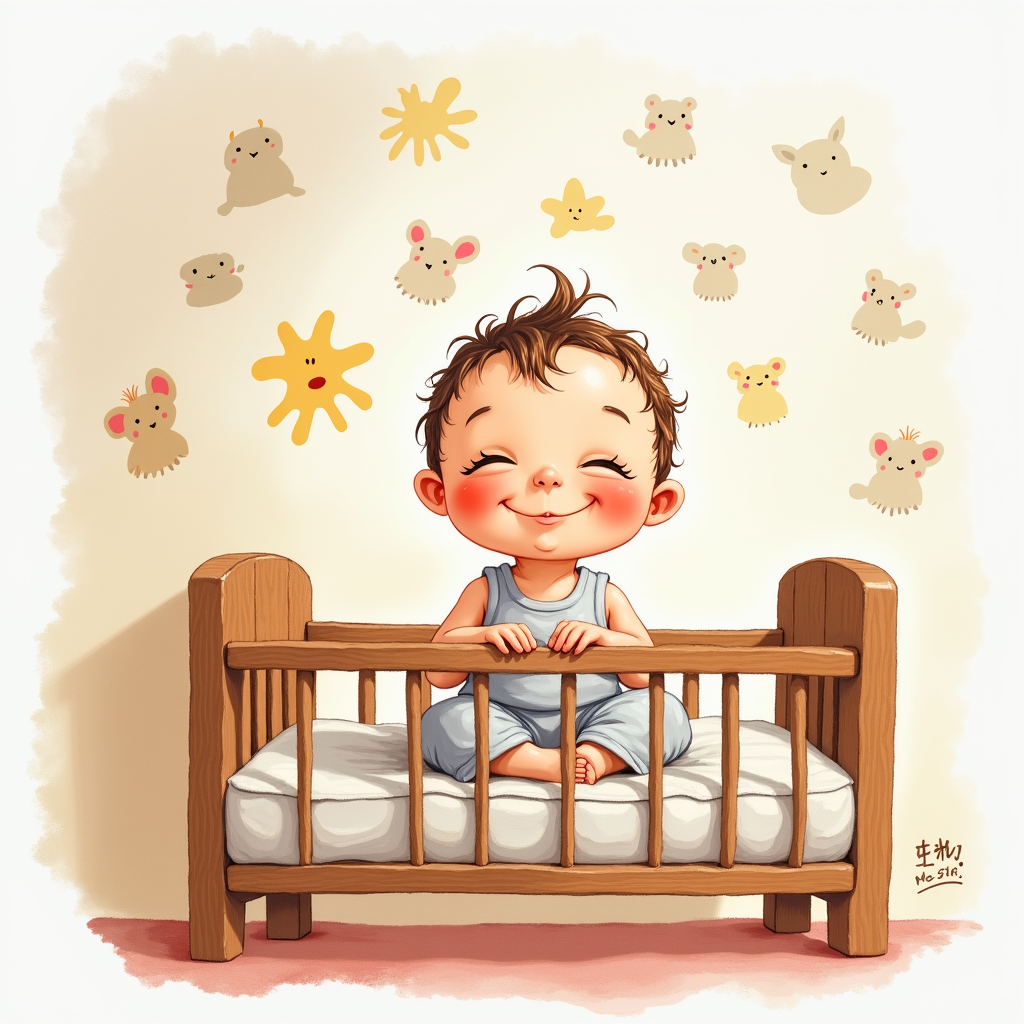 Baby smiling in crib, ready for story time with personalized book