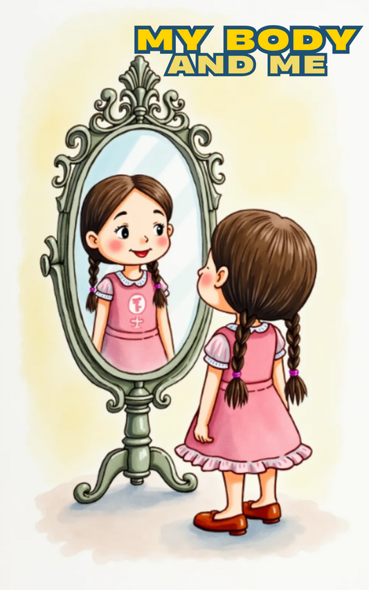A little girl standing in front of the mirror, giggling at her reflection — a heartwarming moment from Put Me In The Story Canada personalized adventures.