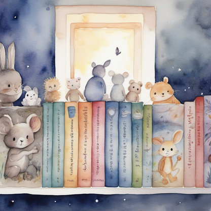 books in a shelf with cute animals