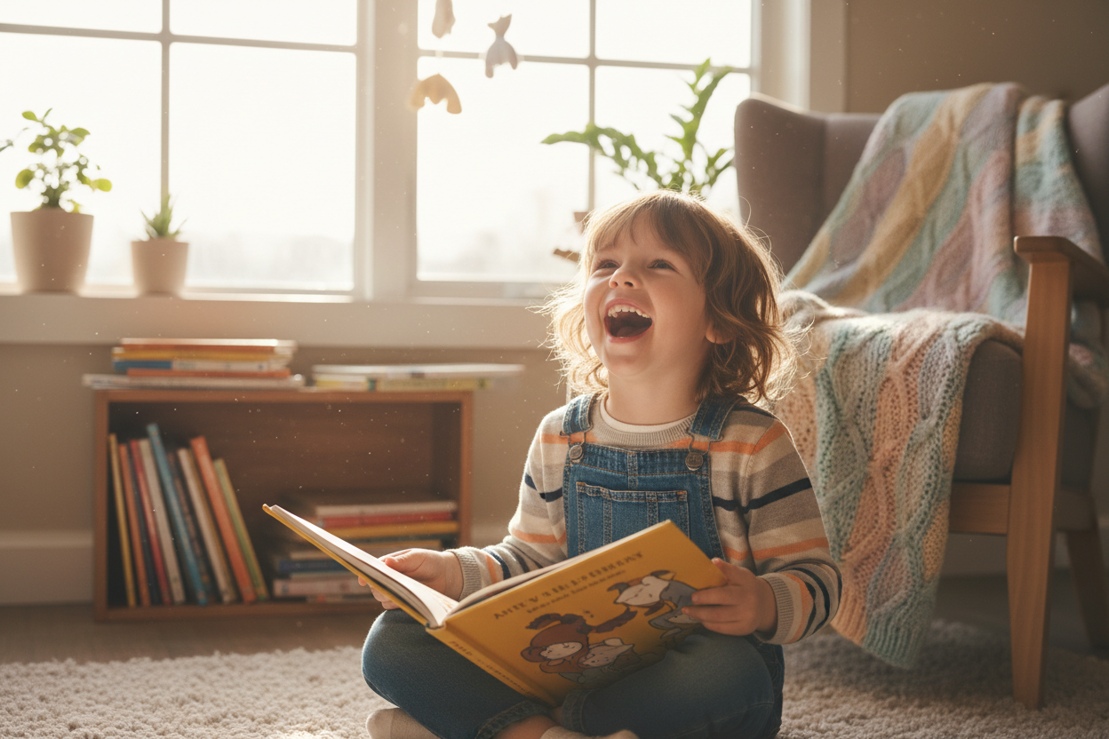 kid laughing reading a book
