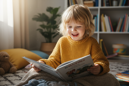 smiling kid reading a book